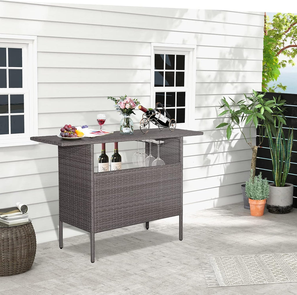 Giantex Outdoor Patio Wicker Bar Table, 2 Storage Shelves, 55''W Tabletop, Rails for Hanging Wine Glasses, Heavy-Duty Metal Frame, Bistro Rattan Bar Counter Table for Poolside Backyard (Mix Gray)