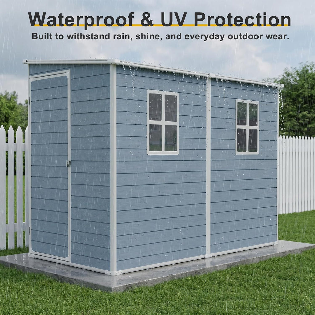 Storage Sheds with Floor, Resin Outdoor 4x8FT Lean to Shed with Two Windows, Lockable Doors for Garden Tools