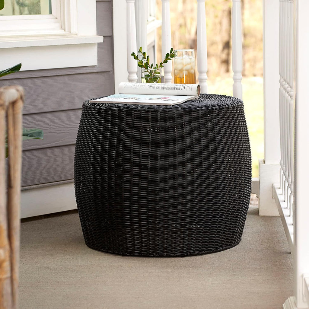 Household Essentials Handwoven Resin Barrel Side Table Storage Container, Black 18' H x 20' Dia.