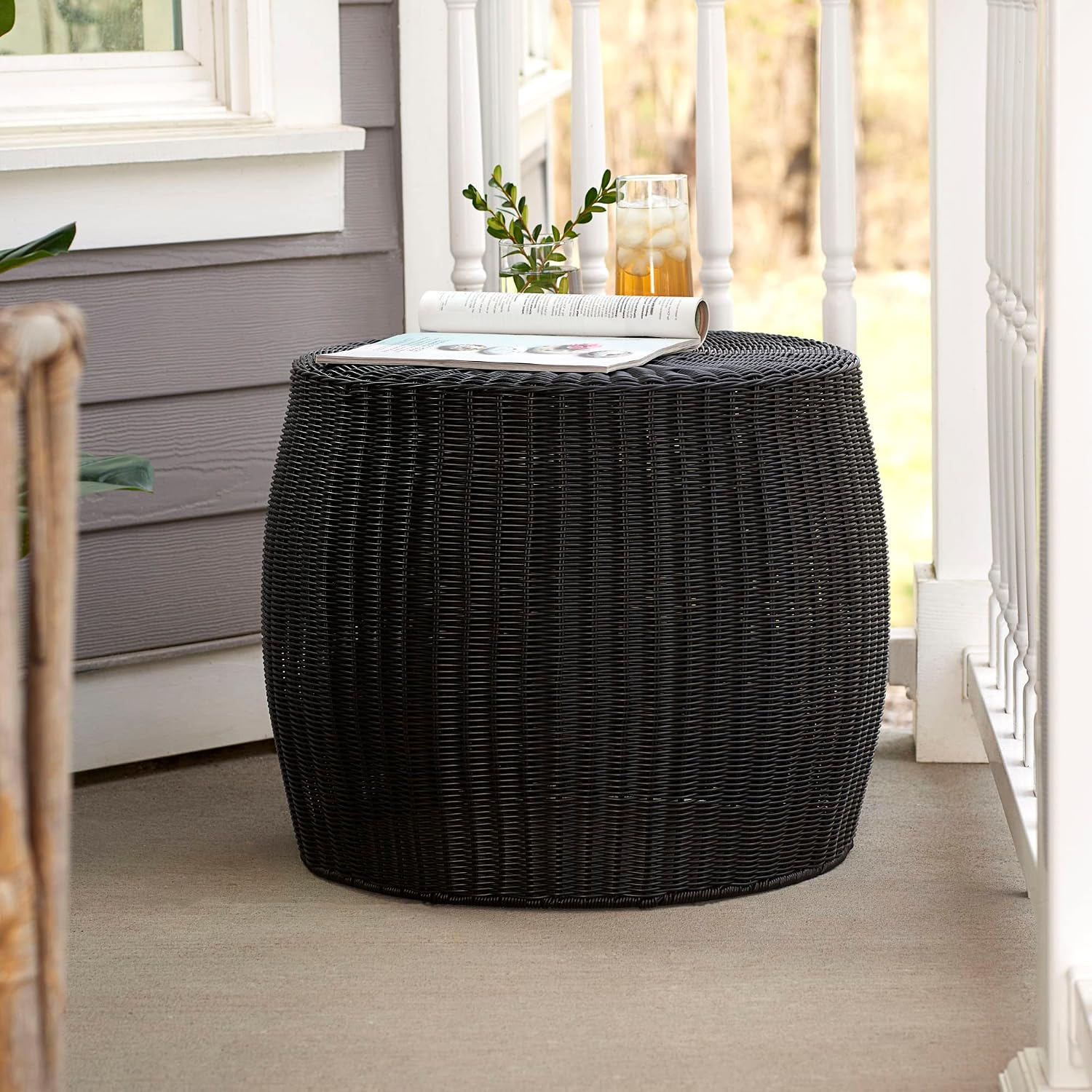 Household Essentials Handwoven Resin Barrel Side Table Storage Container, Black 18' H x 20' Dia.