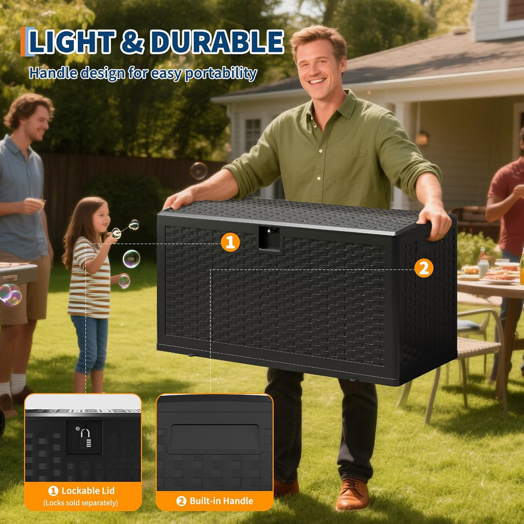 GarveeLife 73 Gallon Resin Deck Box, Weatherproof and UV Resistant Outdoor Storage Box, Lockable Outdoor Storage Bin for Patio Cushions, Garden Tools, Pool Supplies, Package Delivery, Black