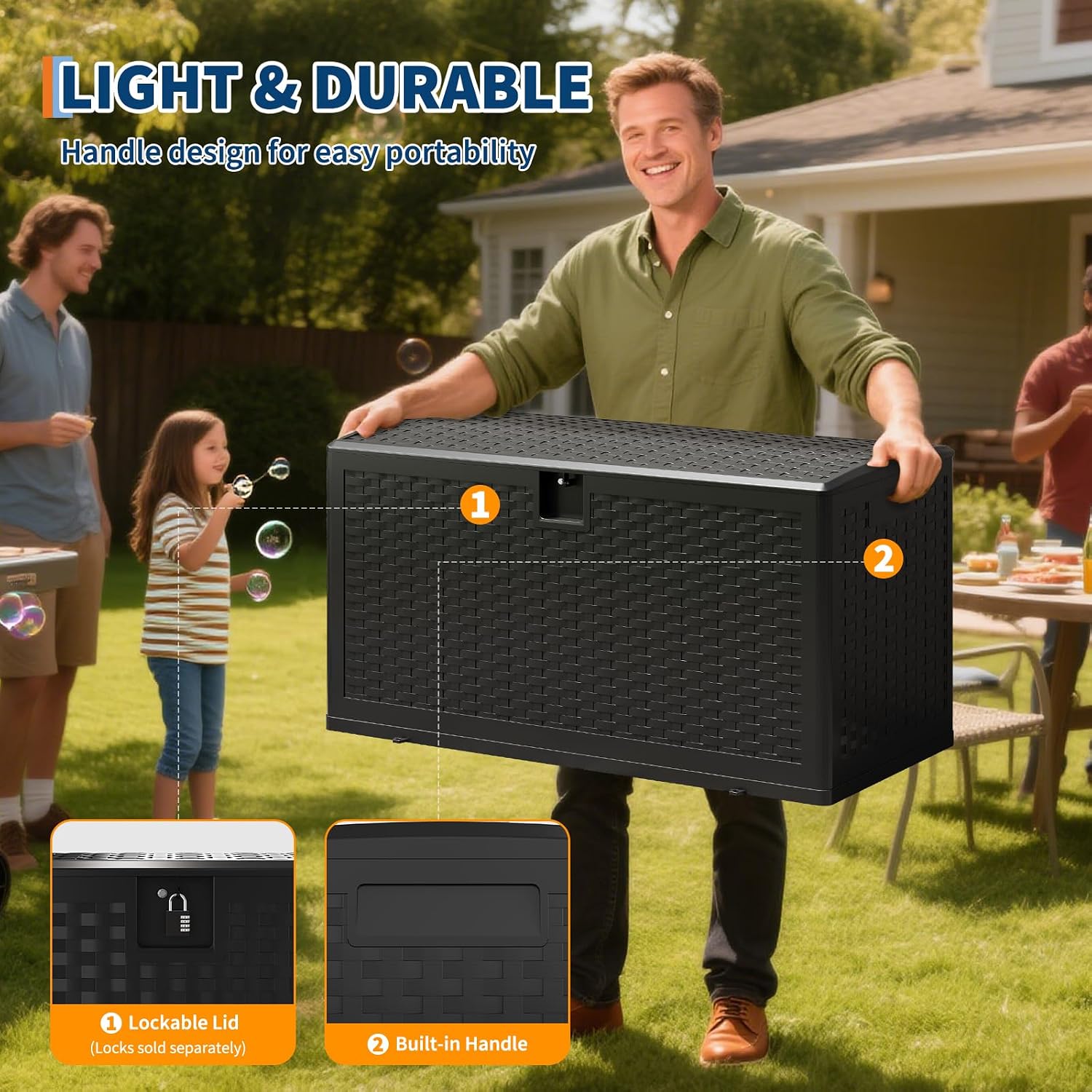 GarveeLife 73 Gallon Resin Deck Box, Weatherproof and UV Resistant Outdoor Storage Box, Lockable Outdoor Storage Bin for Patio Cushions, Garden Tools, Pool Supplies, Package Delivery, Black