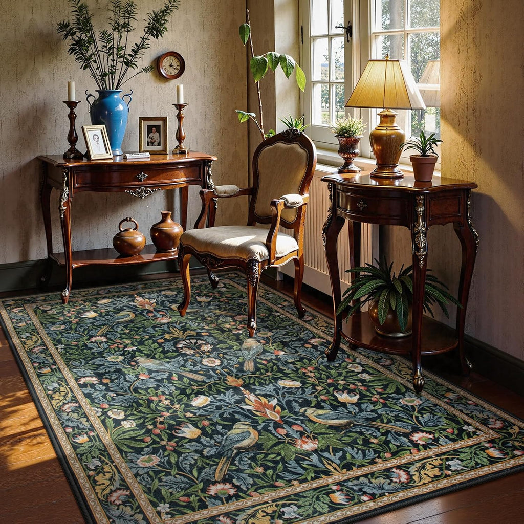 Morebes Boho Living Room Rug 8x10, Washable Kids Playroom Area Rug Non Slip, Soft Large Botanical Flower Indoor Floor Throw Carpet for Bedroom Nursery Dining Room, Navy Blue