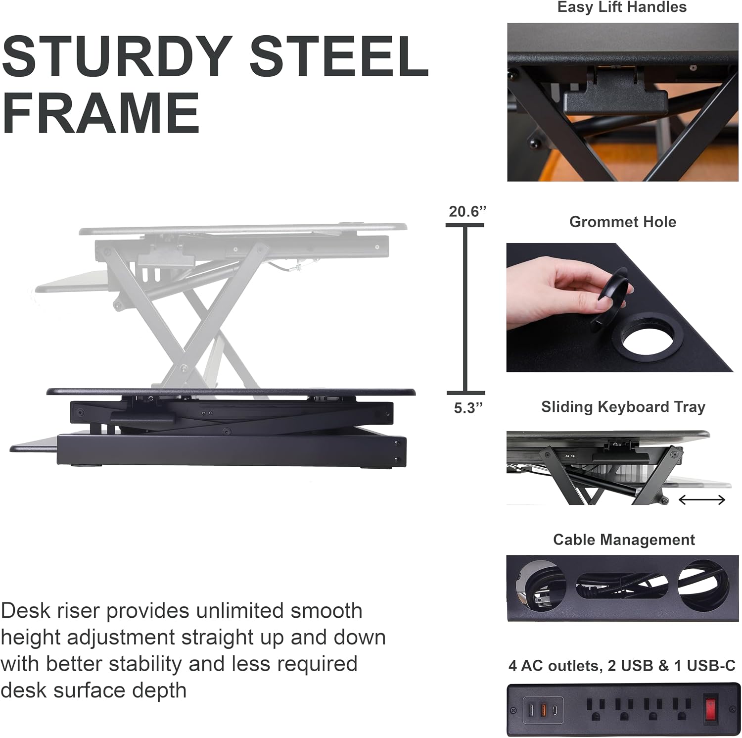 Rocelco 40' Height Adjustable Standing Desk Converter with AC Outlet USB Charger and Anti-Fatigue Floor Mat - Sit Stand Up Tabletop Riser - Sliding Keyboard Tray - Black (R DADRB-40-ACUSB-MAFM)
