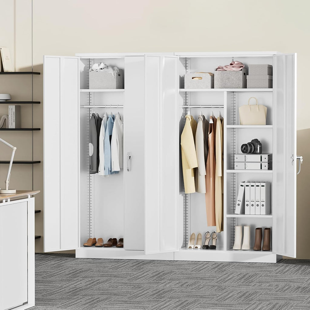 Greenvelly Metal Storage Cabinet with 2 Doors, White 72' Steel Storage Wardrobe Cabinet, Employees Locker Closet Clothing Coat Steel Wardrobe Cabinet with Hanging Rod for Garage, Gym, Home Office