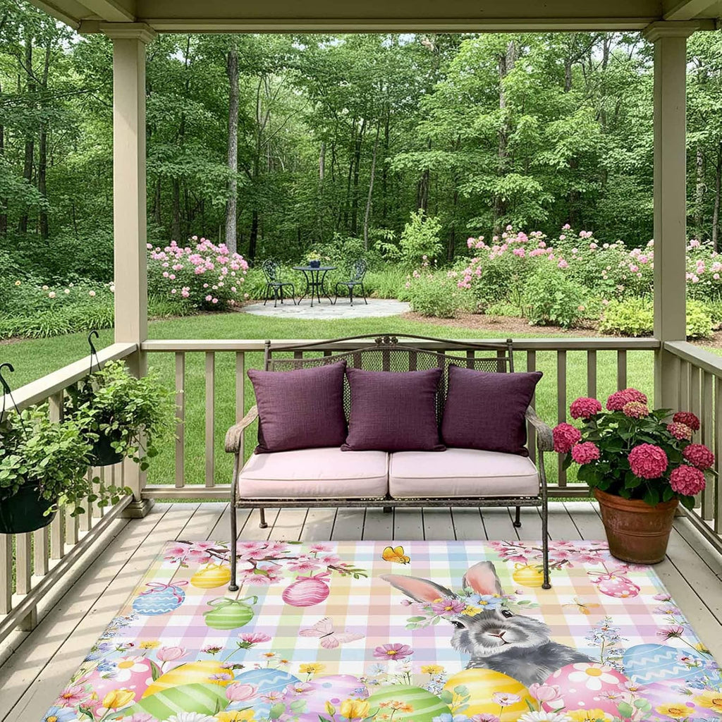 Easter Bunny Outdoor Rug for Patio/Deck/Porch, Non-Slip Large Area Rug 6 x 9 Ft, Spring Colorful Eggs Flower Branch Plaid Indoor Outdoor Rugs Washable Area Rugs, Reversible Camping Rug Carpet Runner