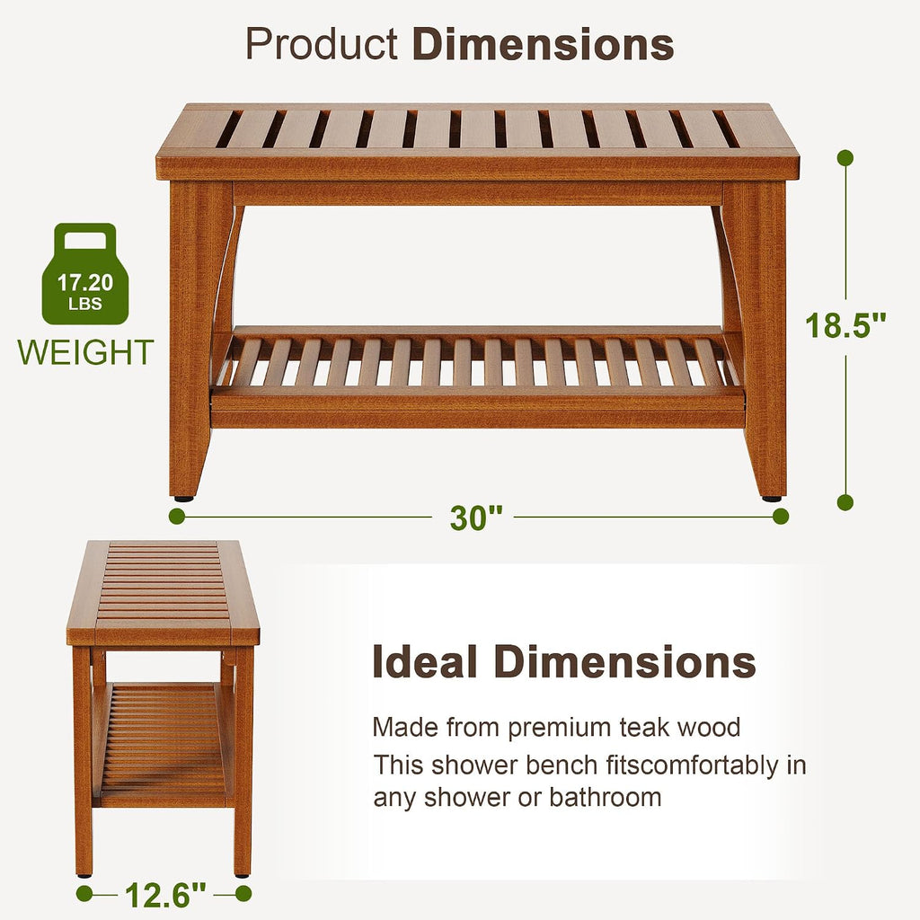 30' Premium Solid Teak Shower Bench with Storage Shelf - 450 lbs Capacity, Waterproof & Non-Slip Seat for Bathroom, Poolside, Spa