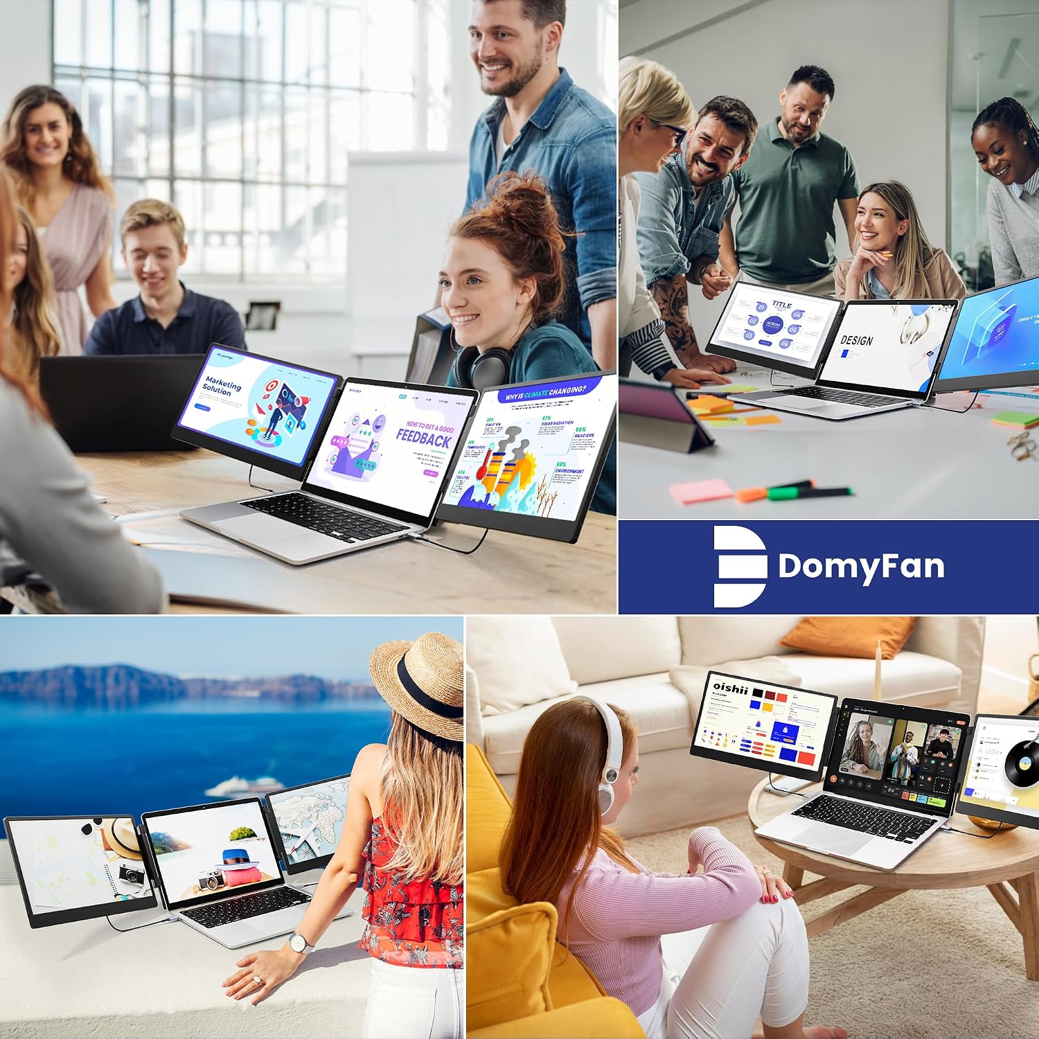 domyfan 14' Laptop Screen Extender, S3 FHD 1080P IPS Triple Portable Monitor Laptop, HDMI/USB-A/Type-C Compatible with Windows/Mac/Android