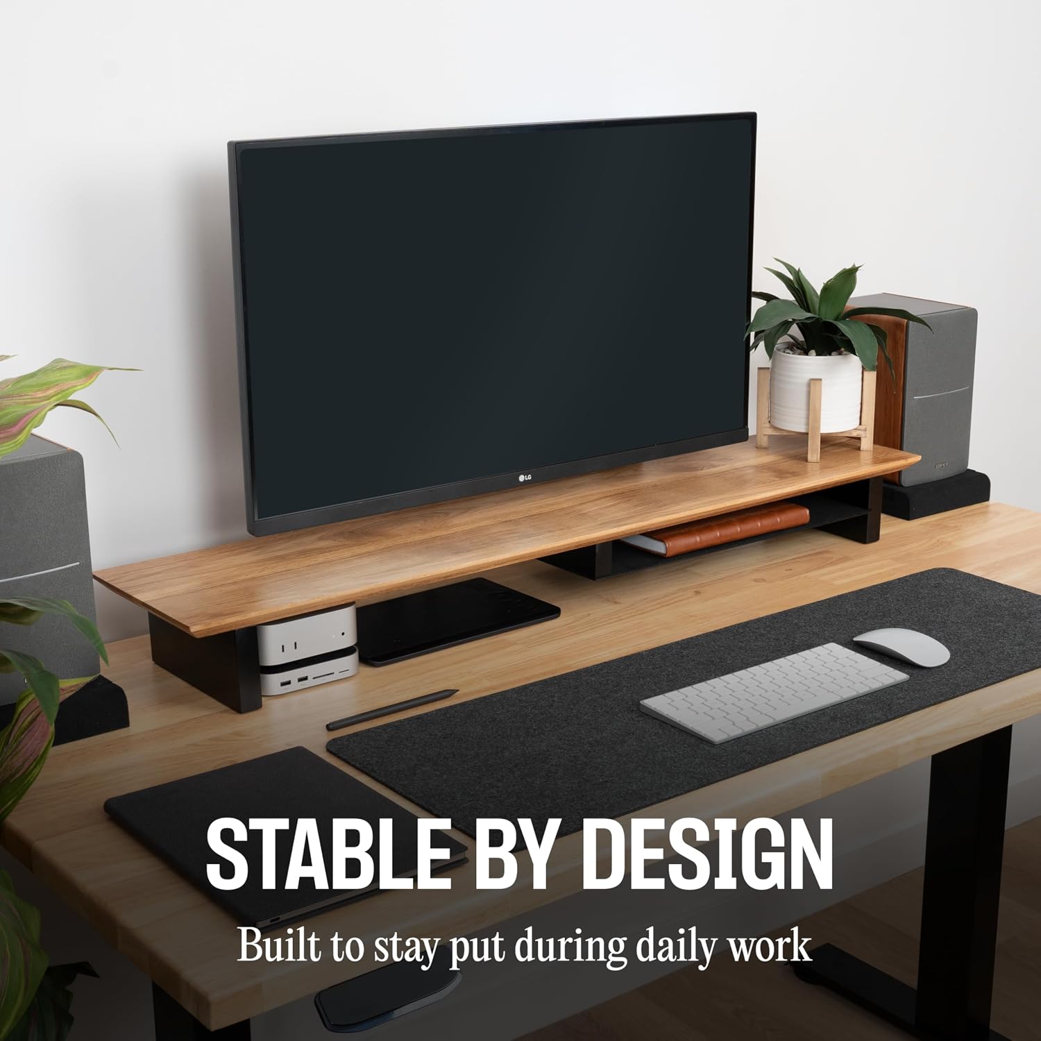COREMINDED Solid Wood Dual Monitor Stand Riser – 42' Oak Desk Shelf for 2 Monitors with Tray & Wool Felt, Organizer for Desktop, Laptop and Office (Solid Oak)