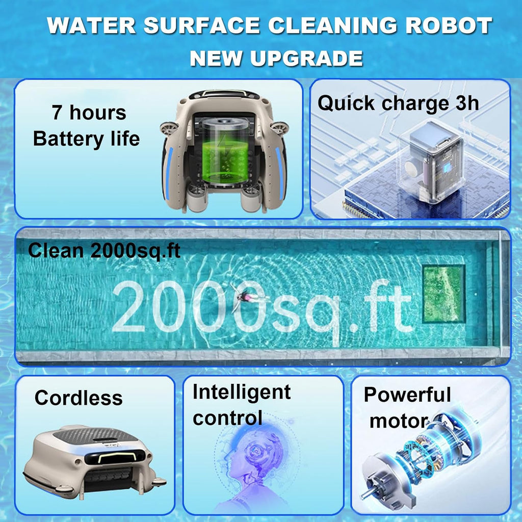 Wireless Pool Skimmer Robot | Pool Cleaning Robot, 7800mah Large Capacity Power Bank, 5-6 Hours Of Run Time, 3 Hours Fast Charge, Can Remove Pollen, Leaves And Hair From Pools, Suitable For All Pools