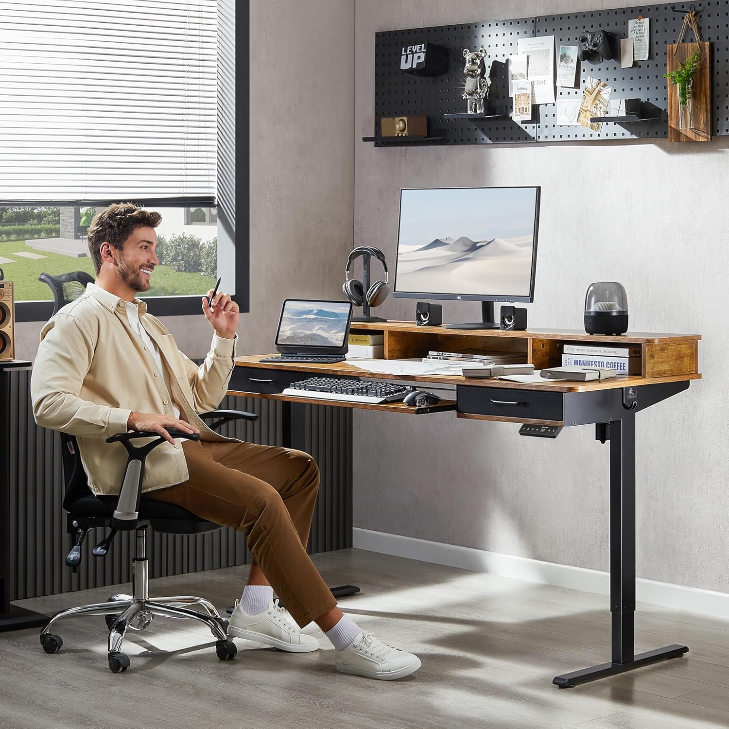 WALKINGDESK 55x24 Inches Electric Standing Desk with Keyboard Tray, Height Adjustable Stand up Desk with 2 Drawers, Ergonomic Sit to Stand Desk with Storage Monitor Stand, Computer Table, Rustic Brown