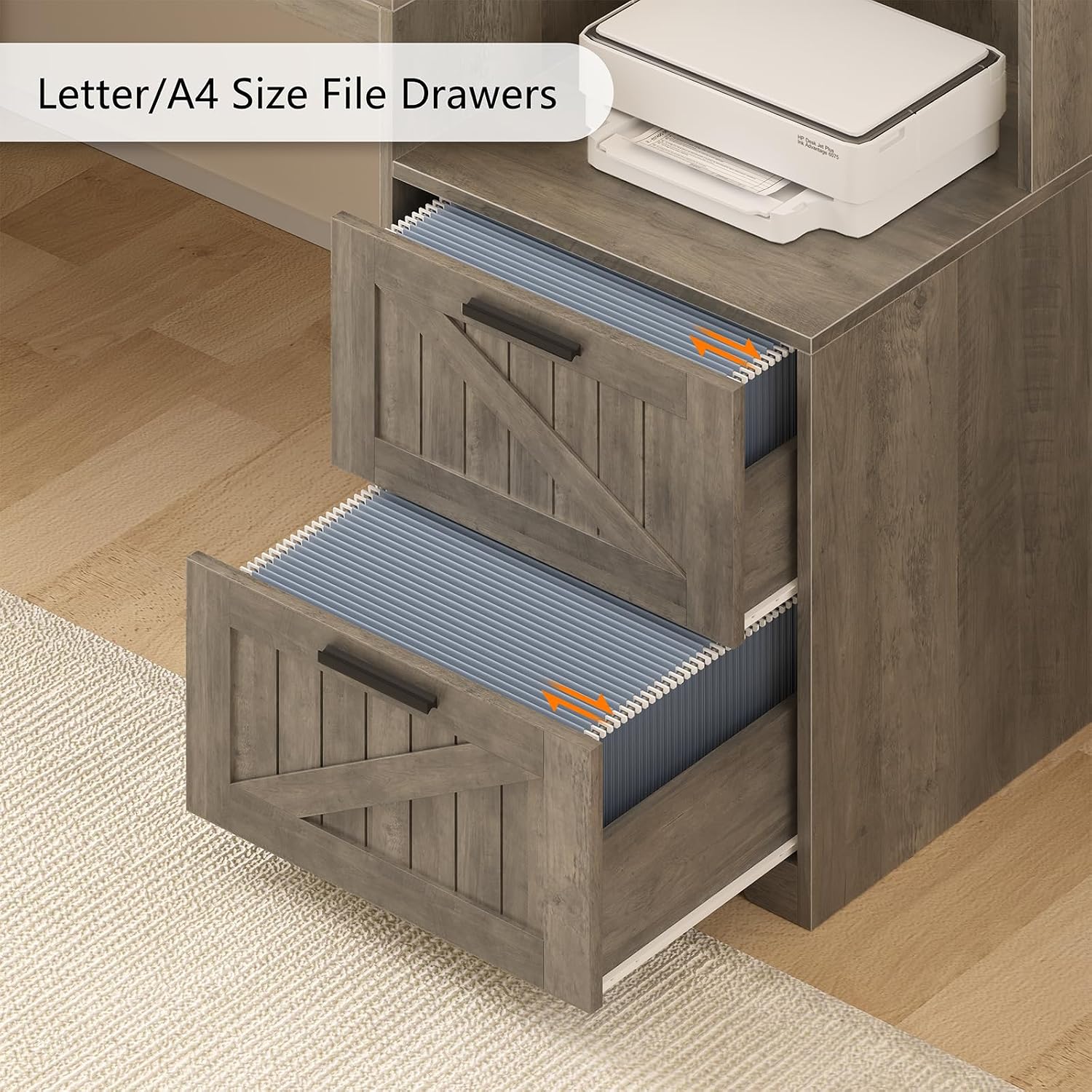 TVU Farmhouse L Shaped Desk with Drawers, 62.2' Home Office Desk with Storage Shelves and Power Outlet, L Shaped Computer Desk with Monitor Stand and Printer Shelf, Gray