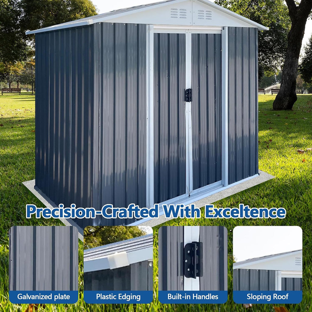 6FTx4FT Outdoor Storage Shed, Utility Tool Shed with Door & Lock Metal Storage Garden Shed for Patio Storage (Grey+2, 6FTx4FT)