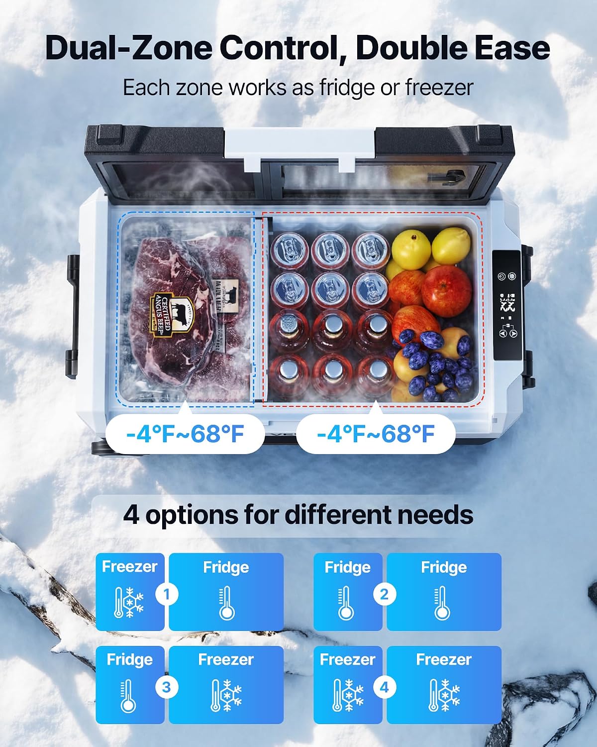 VEVOR Car Refrigerator, DC 12/24V AC100-240V Compressor Electric Cooler, -4°F to 68°F Truck Refrigerator with APP Control, Wheels & Dual Zone, 58 QT Cars Cooler for RVs, Boats, Camping, Fishing