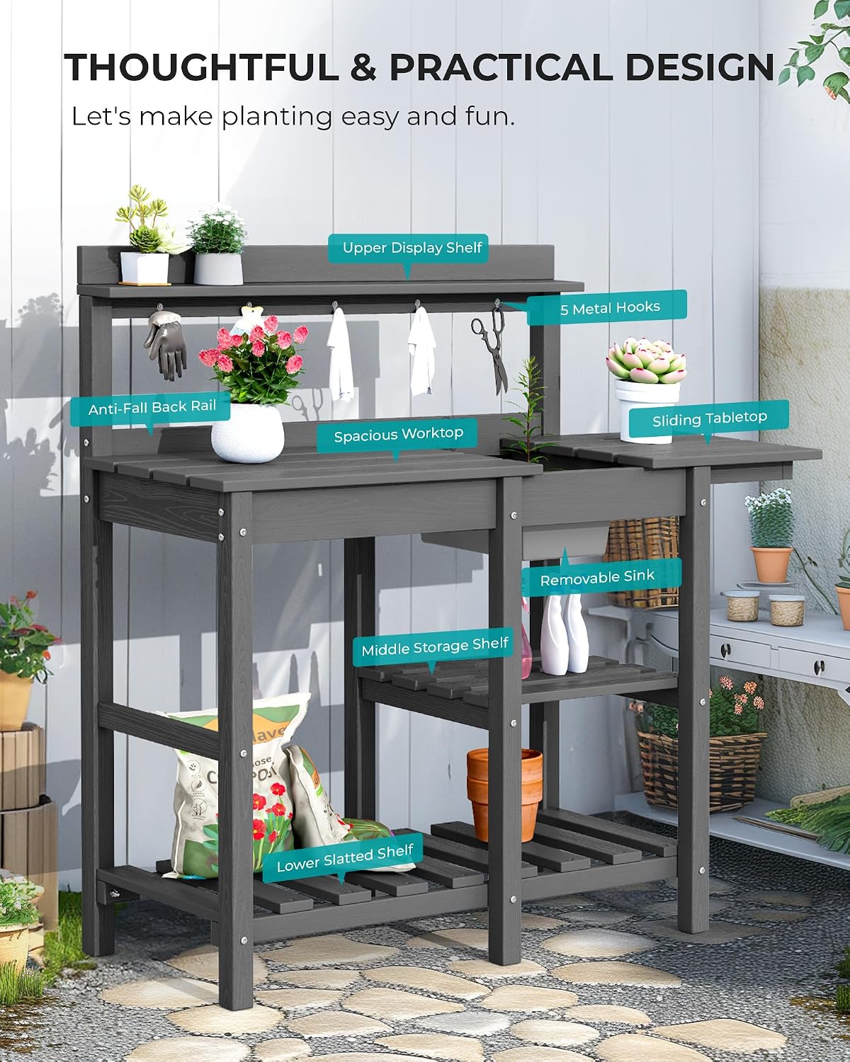 SERWALL Outdoor Potting Bench with Removeable Sink,Rot-Resistant HDPE Potting Table for Outside Gardening, All Weather Use - Gray