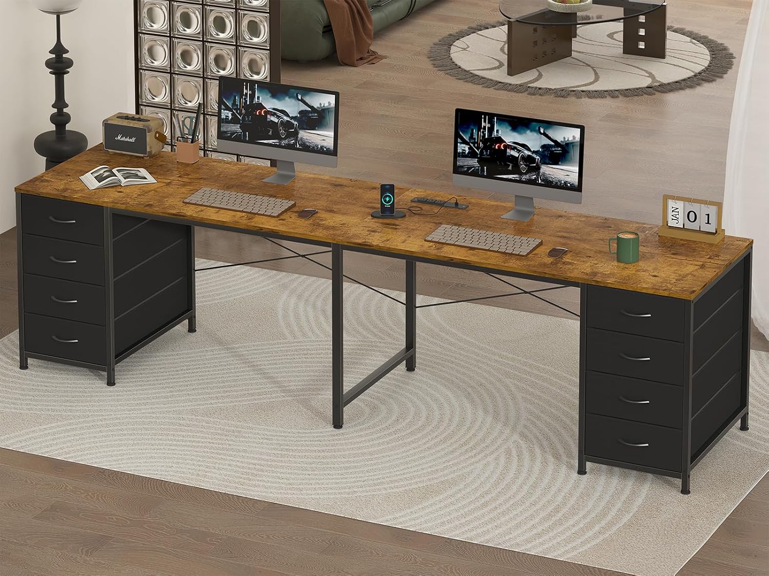 YOMILUVE 95'' Two Person Desk with 8 Drawers, Long Office Desk with Charging Station, 2 Person Desks Double Desk Writing Study Table for Home Office, Brown and White, Brown and Black