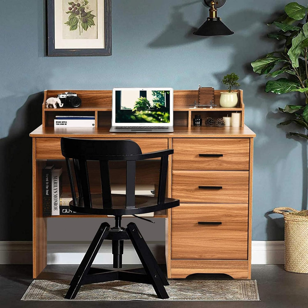 Catrimown Computer Desk with 4 Drawers and Hutch, Home Office Desk with File Drawer, 44' Rustic Oak Wood Desk, Study Table for Bedroom, Rustic Oak