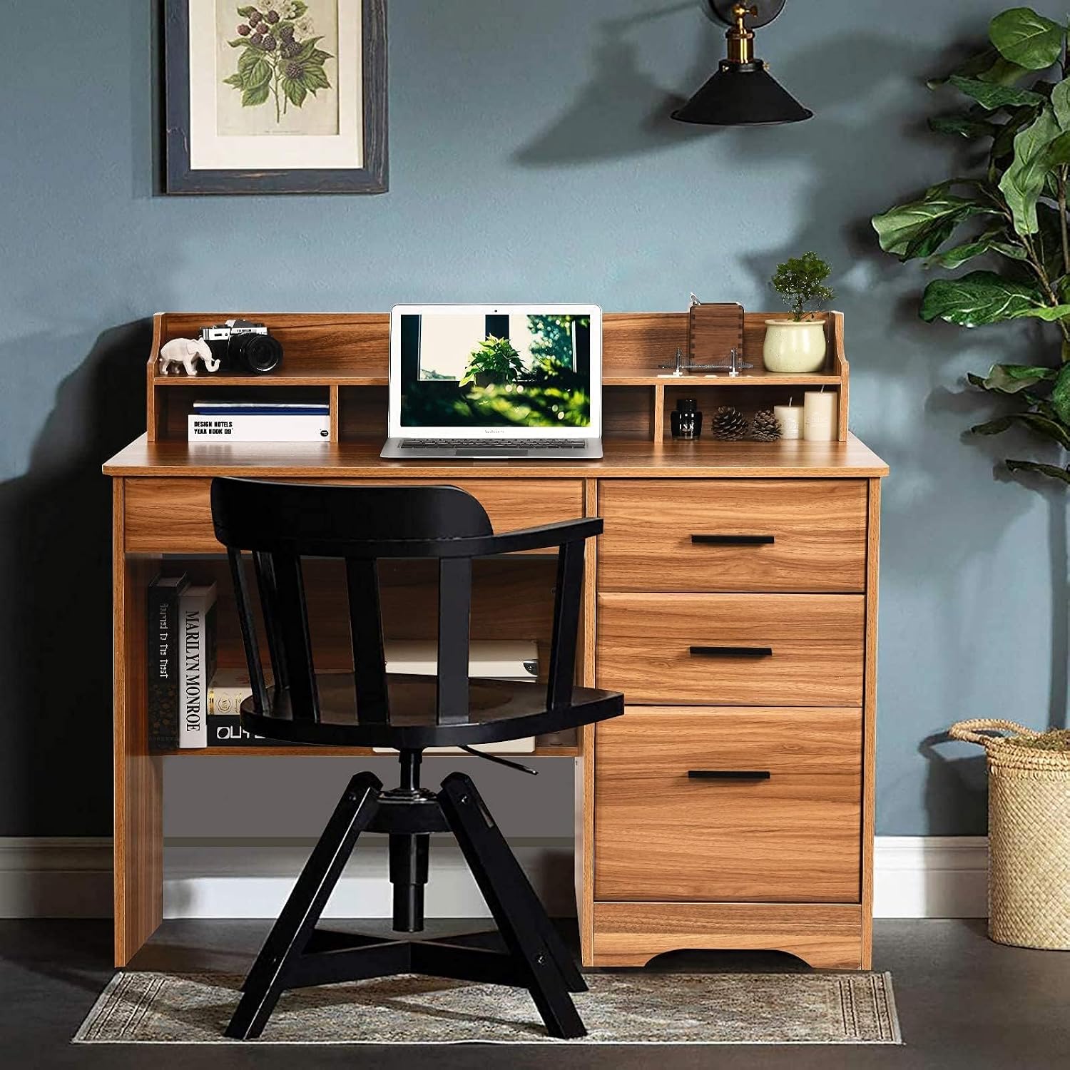 Catrimown Computer Desk with 4 Drawers and Hutch, Home Office Desk with File Drawer, 44' Rustic Oak Wood Desk, Study Table for Bedroom, Rustic Oak