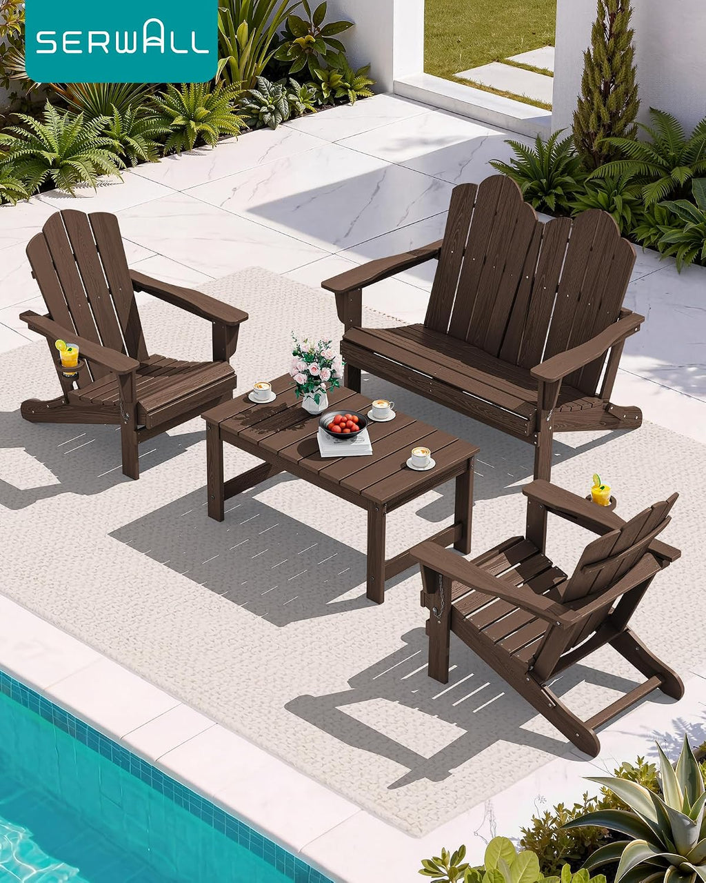 SERWALL 4 Pieces HDPE Patio Adirondack Chair Set, 2 Adirondack Chair with Cup Holder & 1 Adirondack Bench & 1 Coffee Table with Umbrella Hole, Coffee