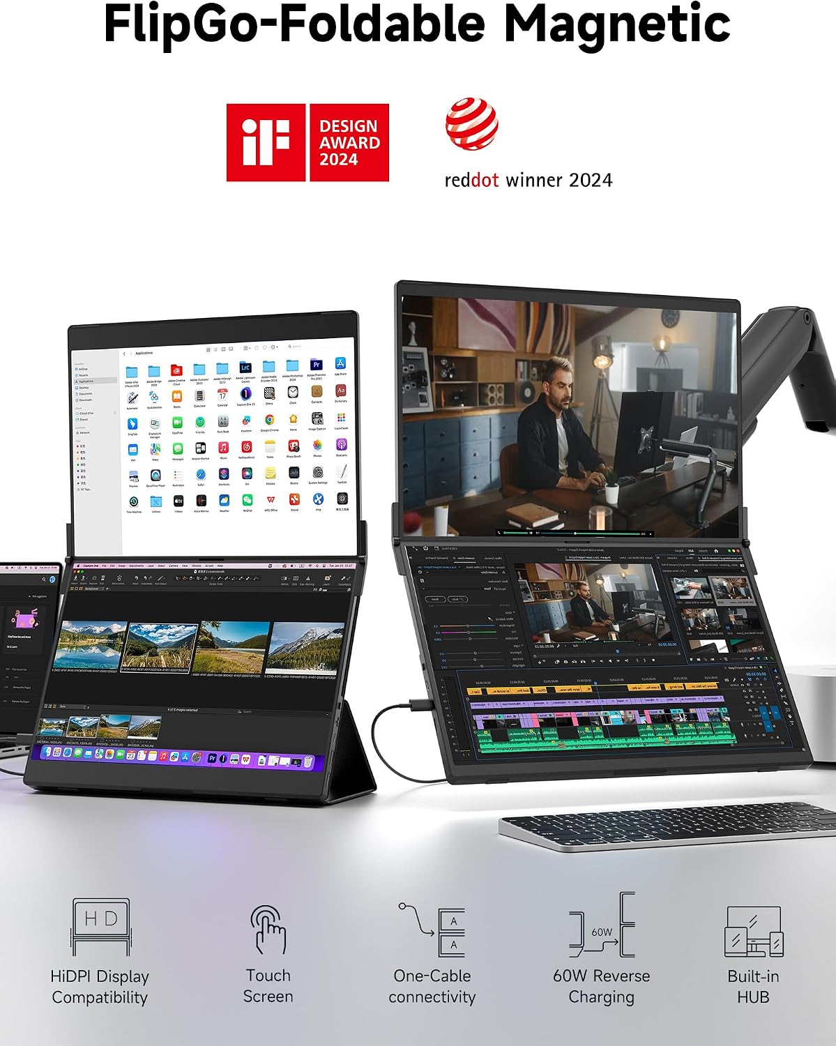 JSAUX FlipGo Touchscreen 16' 2.5K Dual Screen Portable Monitor & VESA Adapter