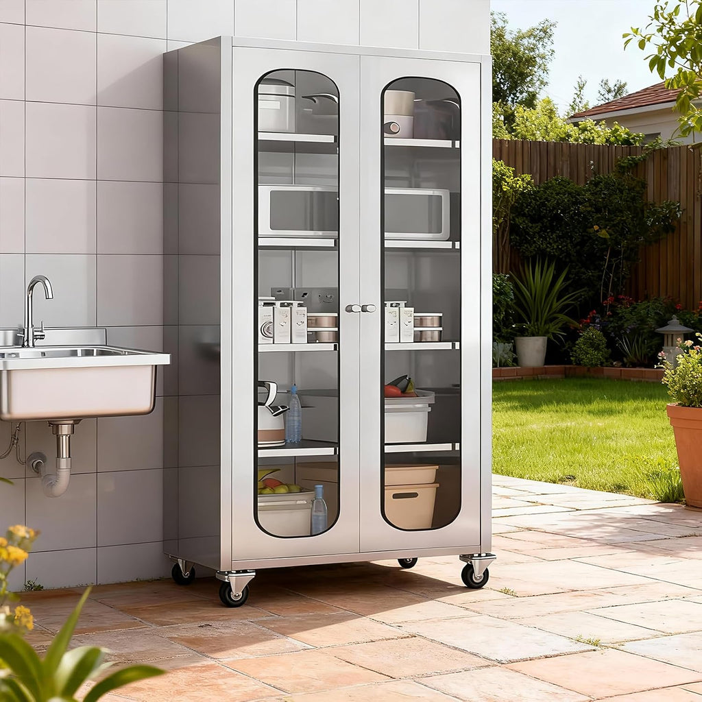 ZZV 68' Tall Stainless Steel Storage Cabinet with Wheels, Fully Assembled 5-Tier Kitchen Pantry Cabinet with Glass Doors for Garage, Utility Room, Laundry Room, Restaurant, Cafe, and Outdoor