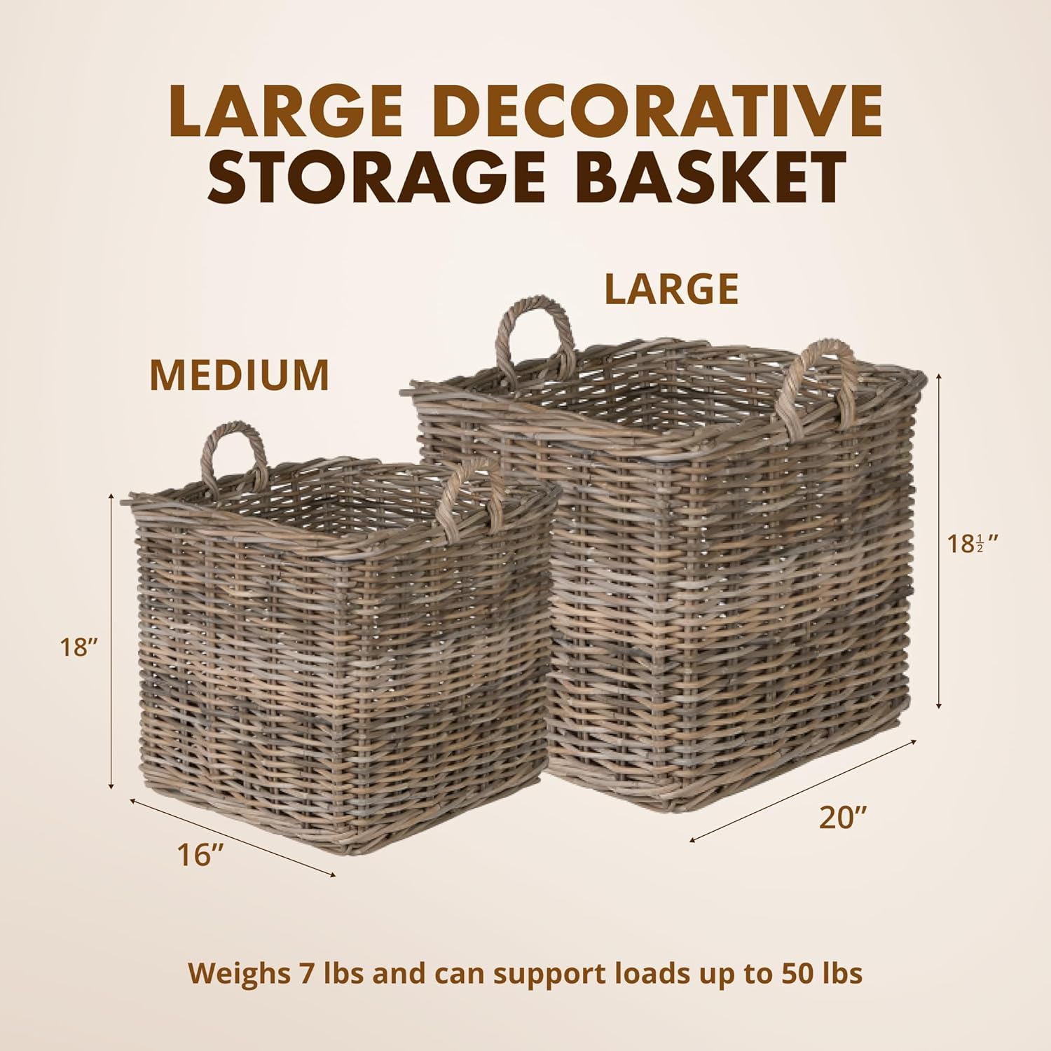 KOUBOO Large Square Rattan Basket, Handmade, Living Room, Blankets, Toy Bin, Extra Storage, Decorative Storage, Laundry Basket, Linens, Gray & Brown, Large