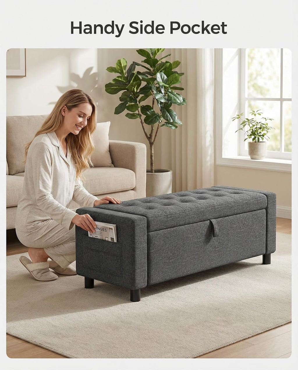 Amada 46' Ottoman with Storage,Storage Ottoman Bench with Safety Hinge, Hidden Compartment & Side Pocket, 400 lbs Weight Capacity, end of Bed/Entryway Bench for Bedroom/Living Room, Dark Gray