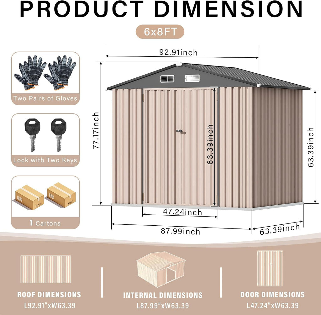 6x8 FT Metal Storage Sheds Outdoor, Metal Yard Sheds Garden Shed Kit, MetalTool Shed with Lockable Door, MetalUtility Sheds Buildings with Air Vent for Backyard Garden Patio Lawn