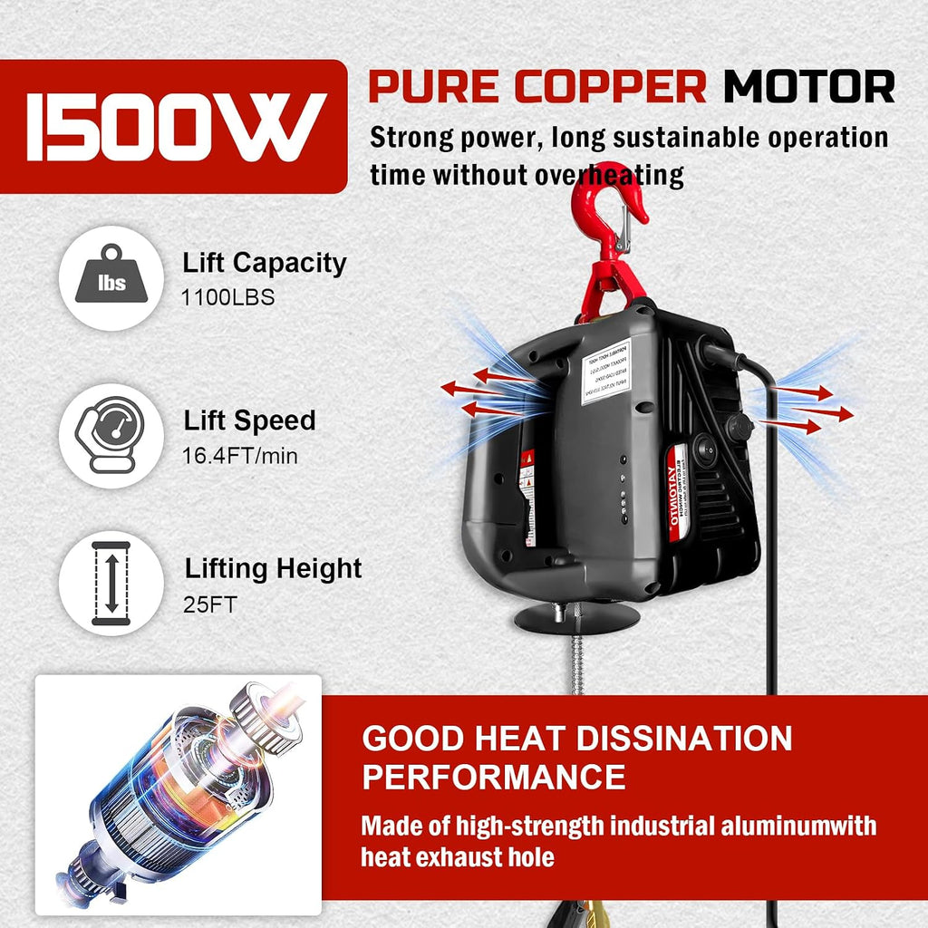 3-in-1 Electric Hoist 110 Volt,1100LBS Portable Electric Winch with Manual/Cable/Wireless Remote Control for Garage, Warehouse, Factory Lifting Towing