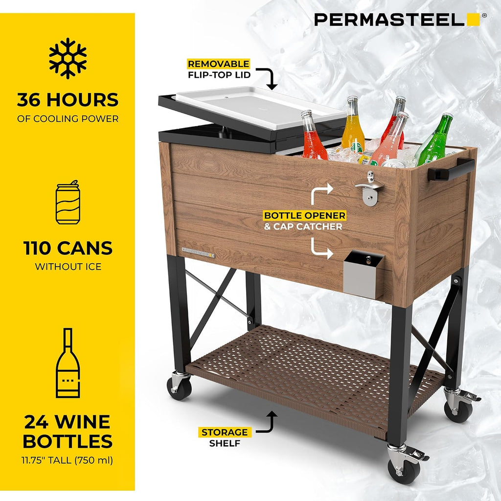 Permasteel 80 Quart Party Cooler, Rolling Ice Chest with Wheels and Handles for Indoor Outdoor Patio