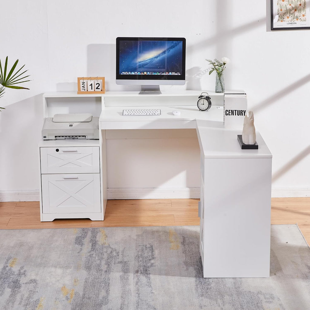 60' L Shaped Executive Desk with Printer Space,Corner Computer Desk with Power Outlets,Lockable Drawers & Adjustable File Cabnet,L Shaped Office Desk with Monitor Stand (White)