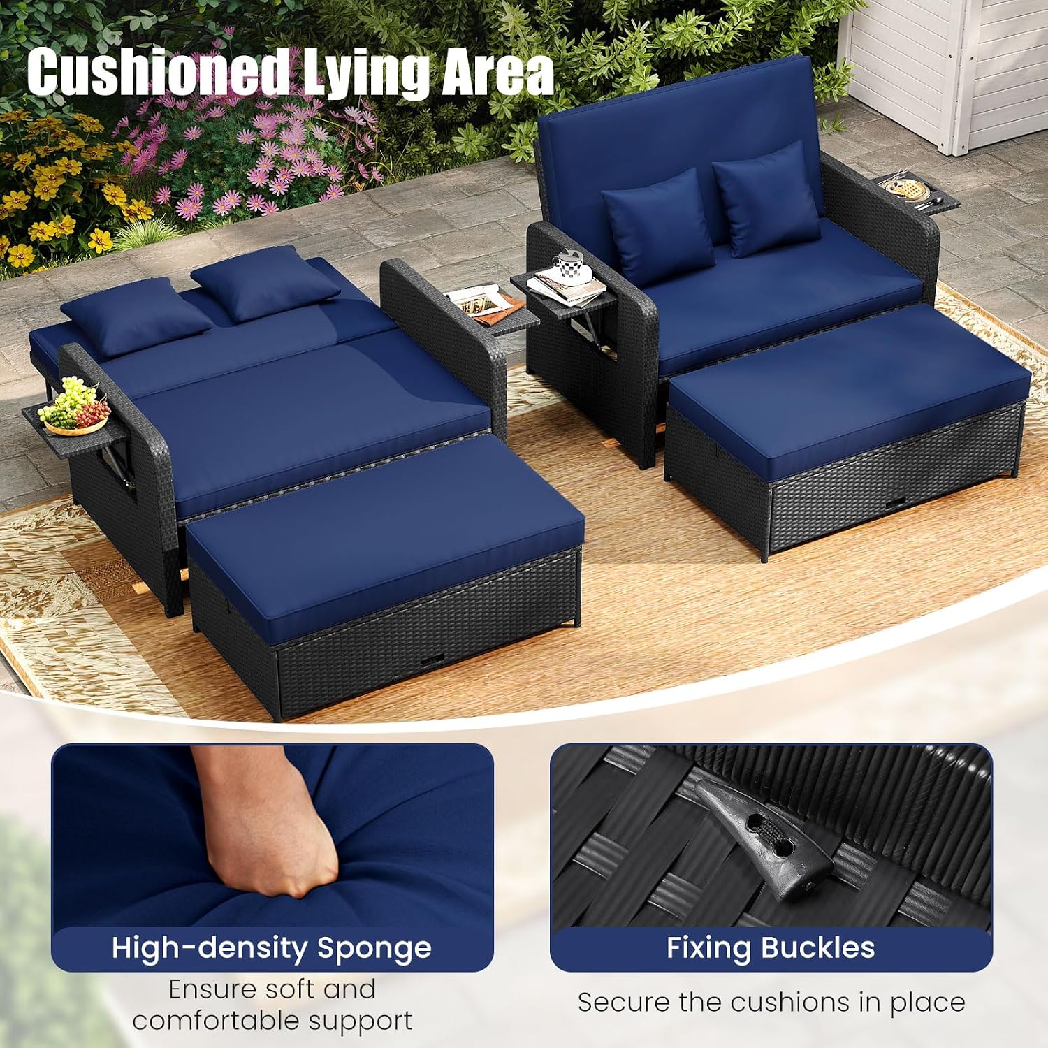 COSTWAY Patio Rattan Daybed with Cushions, Outdoor Wicker Loveseat Sofa with Storage Ottoman, 4-Level Adjustable Backrest, Bed Lounger for Yard, Balcony, Porch, Garden, Pool (Black+Navy)