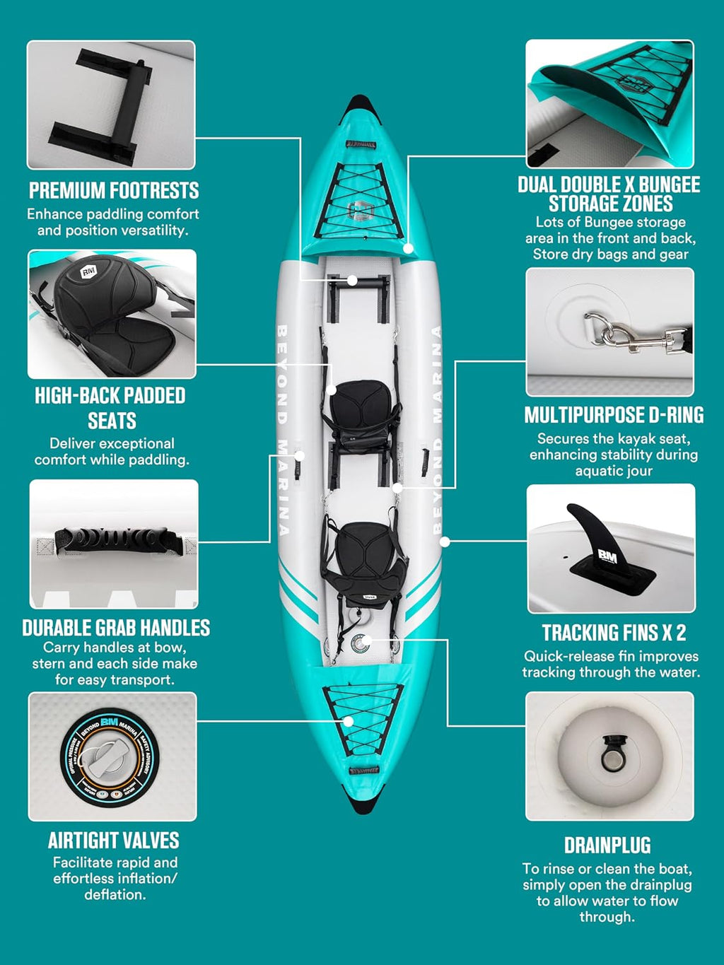Inflatable Kayak 2 Person Adult - BEYOND MARINA Tandem Kayak with Drop Stitch Floor, Touring Kayak with Aluminum Paddles, Seats, Footrests, Pump, Fins, Adventurer 12.5ft