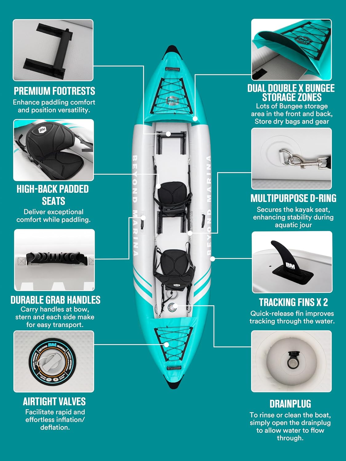 Inflatable Kayak 2 Person Adult - BEYOND MARINA Tandem Kayak with Drop Stitch Floor, Touring Kayak with Aluminum Paddles, Seats, Footrests, Pump, Fins, Adventurer 12.5ft