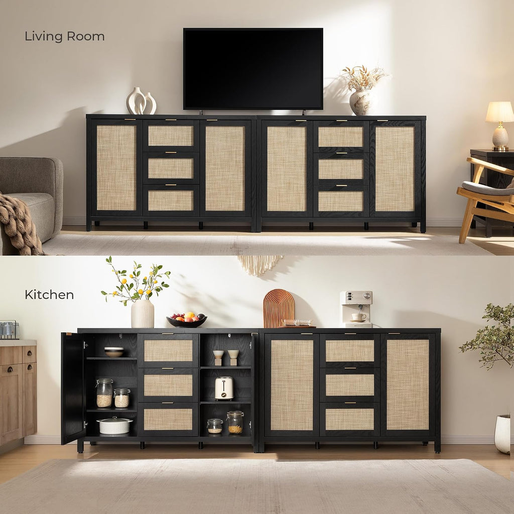 SICOTAS Rattan Large Sideboard Buffet Cabinet with Storage - Farmhouse Boho Coffee Bar Storage Cabinet with 3 Drawers and 2 Doors, Tall Credenza for Living Room, Kitchen, Hallway, Black Oak (2 Pieces)