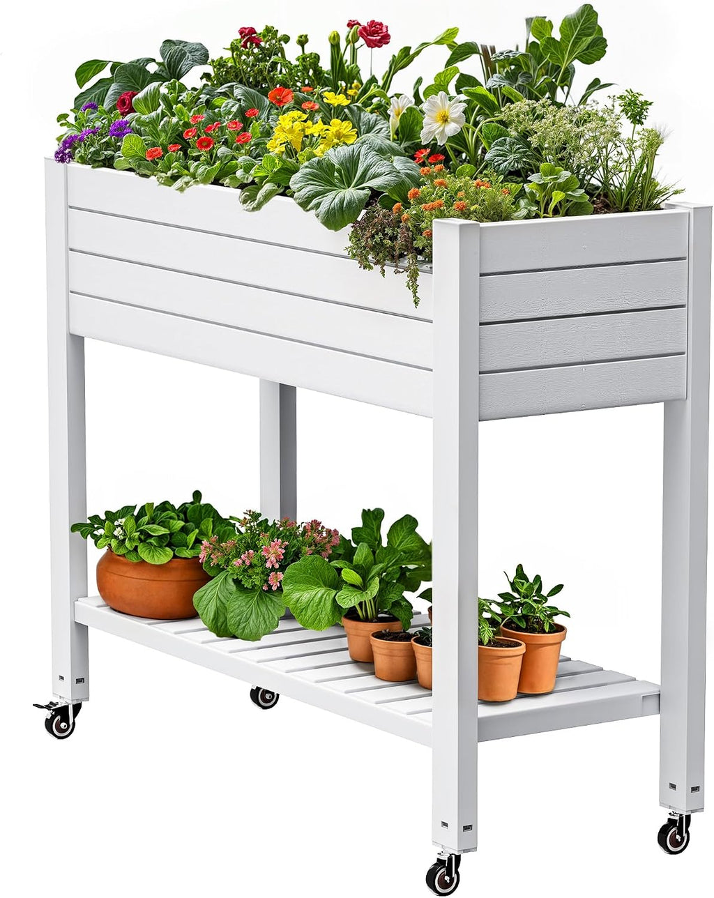 DWVO Raised Garden Bed Kit, 3.6 x 1.5 x 2.8 FT Outdoor Plastic Planter Box with Wheels and Legs, Garden Box with Drain Plug & Storage Shelf for Planting Vegetables, Flowers, and Herbs, Grayish-White