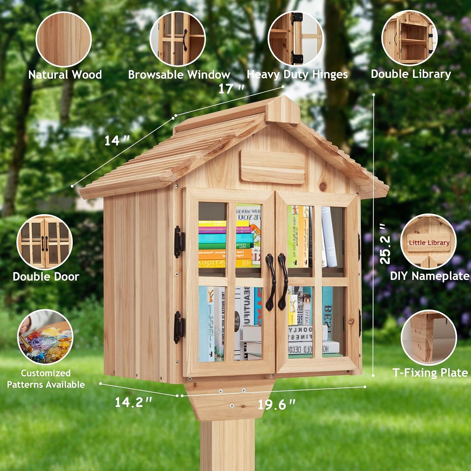 Little Library Box Outdoor Free Library Kit, Updated Double Doors Literature Little Library Box, Wood Cabinet Book Storage for DIY Nameplate, Neighborhoods, Community, Schools Sharing Books