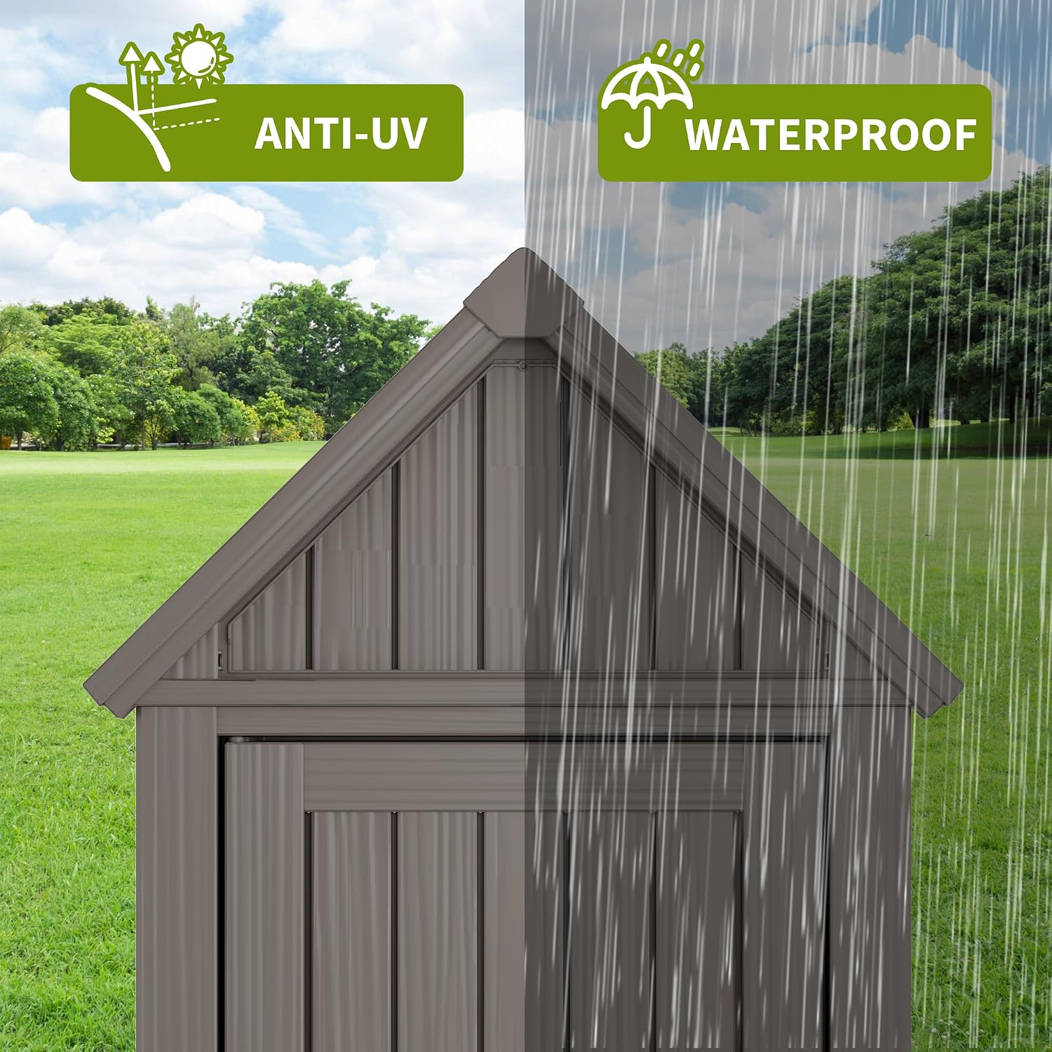 Outdoor Storage Shed – Sturdy Resin with Sloping Roof and Lockable Door, Waterproof Storage Cabinet with Ample Space, Multiple Hooks for Backyard, Garden, Patio & Lawn, Grey