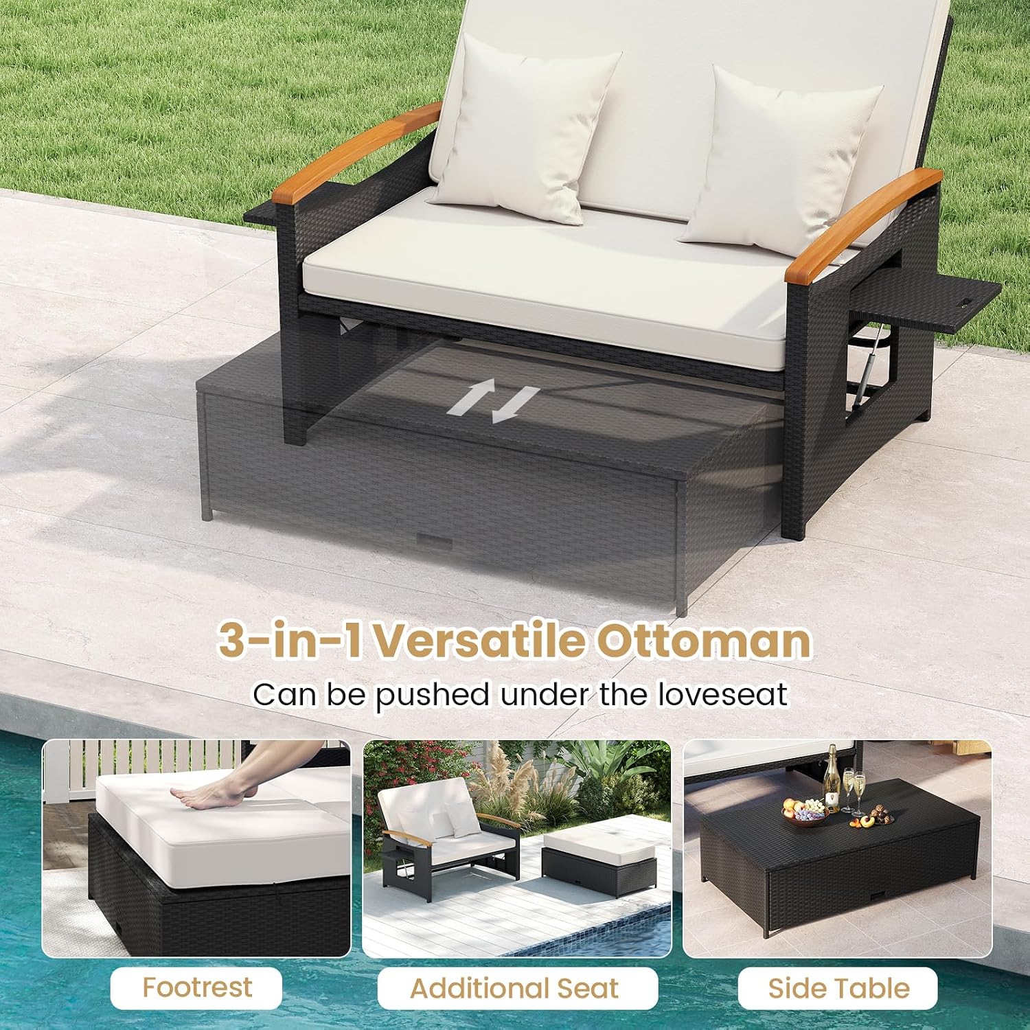 Tangkula Patio Rattan Daybed with 4-Level Adjustable Backrest, Outdoor Wicker Loveseat with Acacia Wood Armrest, Storage Ottoman & Folding Tray, Double Sunbed for Yard & Poolside (White & Black)