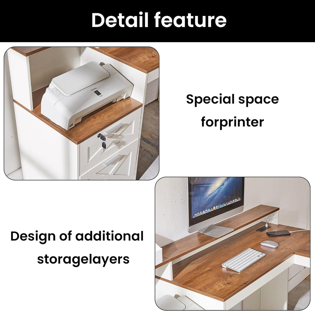 60' L Shaped Executive Desk with Printer Space,Corner Computer Desk with Power Outlets,Lockable Drawers & Adjustable File Cabnet,L Shaped Office Desk with Monitor Stand