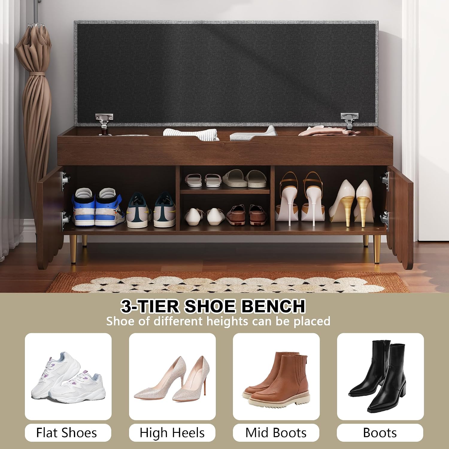 3More 40' Entryway Shoe Storage Bench,Upholstered Hidden Space Beneath Seat Cushion Bench,2-Tier Unique Geometric Shape with Wood Grain,Walnut