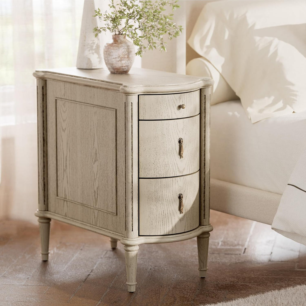 STO'SENSE Nightstand w/Charging Station & 3 Drawers, Pre-Assembled, Vintage Side Table w/Antique-Finished Pulls, Rustic Wood Finish, Narrow End Table w/Turned Legs for Bedroom (1, Antique Grey)