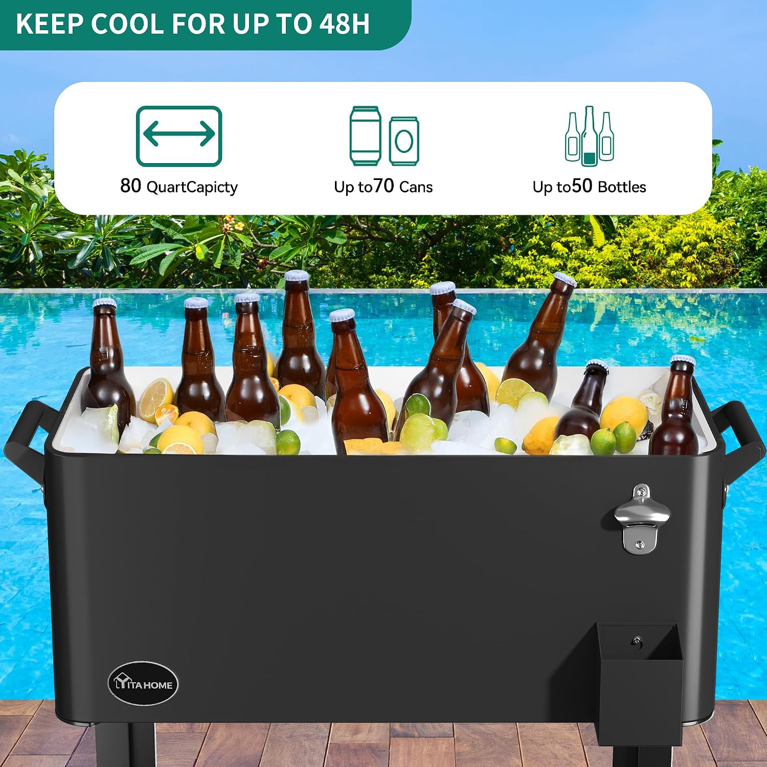 YITAHOME 80 Quart Rolling Cooler Cart with Bottle Opener Drainage, Portable Patio Cooler Rolling on Wheels, Outdoor Rolling Beverage Cart Drink Cooler for Patio Pool Deck Party BBQ Cookouts (Silver)
