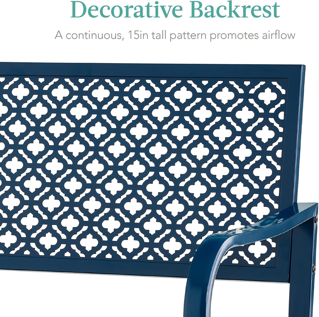Best Choice Products Outdoor Bench 2-Person Metal Steel Benches Furniture for Garden, Patio, Porch, Entryway w/Geometric Backrest, 790lb Capacity - Peacock Blue