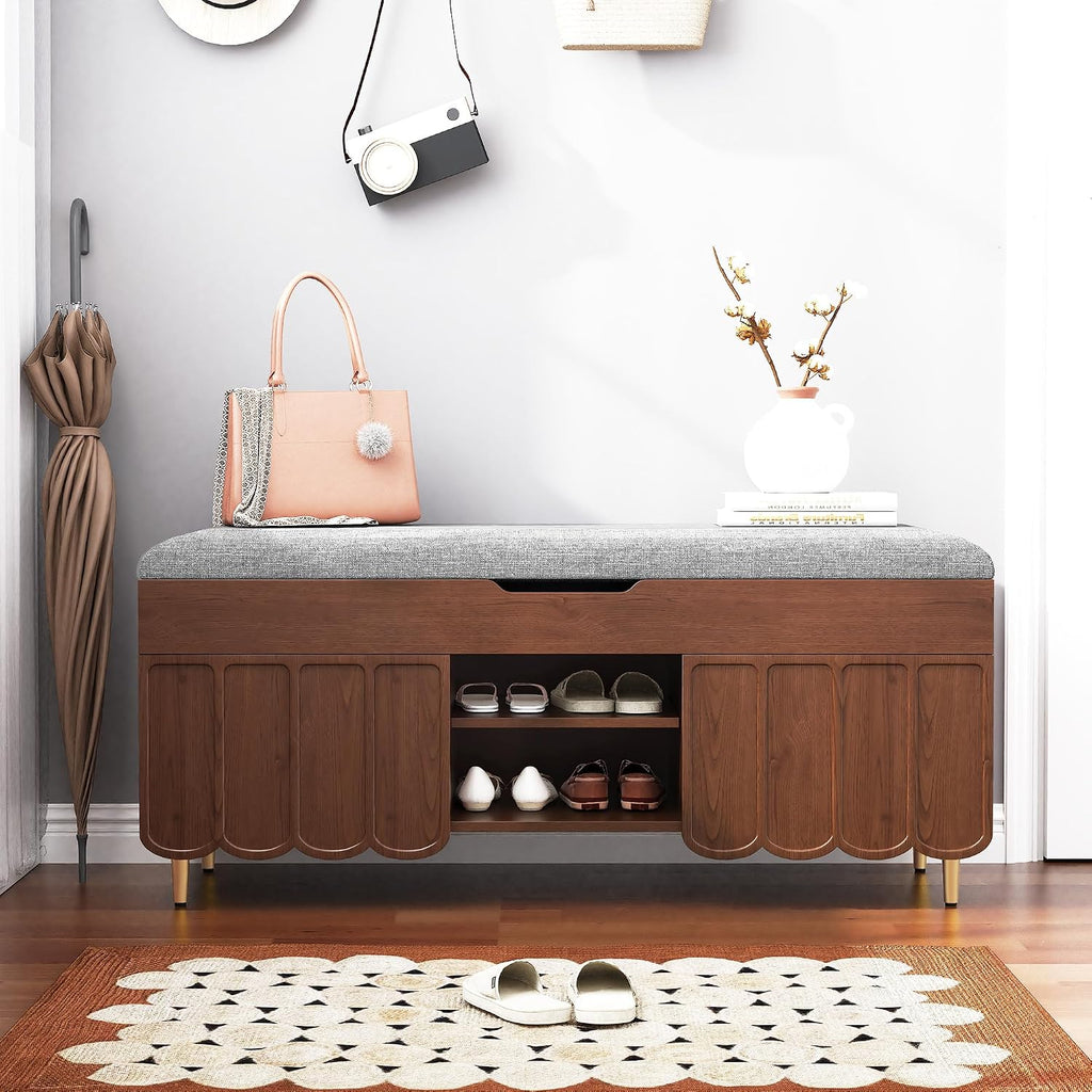 3More 40' Entryway Shoe Storage Bench,Upholstered Hidden Space Beneath Seat Cushion Bench,2-Tier Unique Geometric Shape with Wood Grain,Walnut