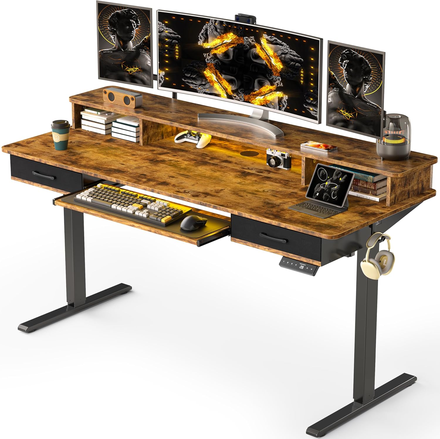 WALKINGDESK 63x24 Inches Electric Standing Desk with Keyboard Tray, Height Adjustable Stand up Desk with 2 Drawers, Ergonomic Sit to Stand Desk with Storage Monitor Stand, Computer Table, Rustic Brown