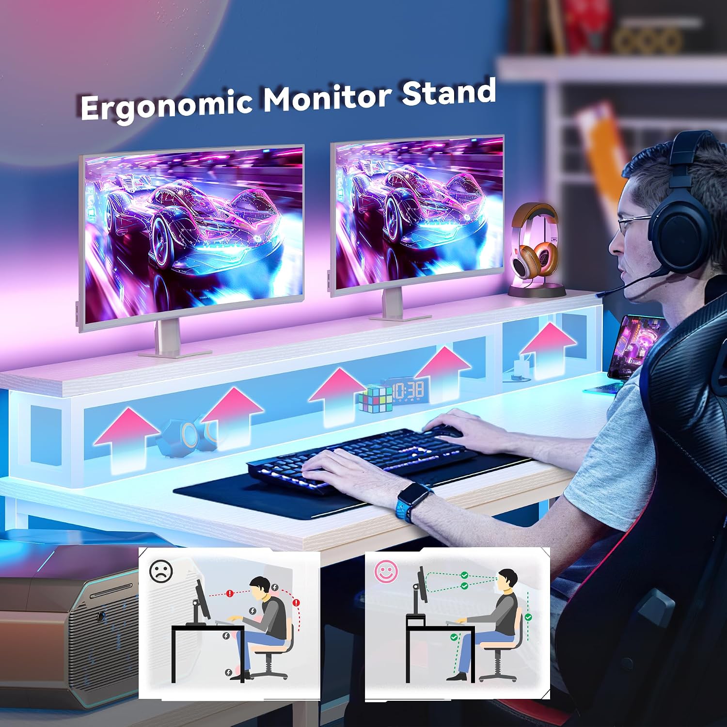 EEnHomee 56' Medium L Shaped Gaming Desk with LED & Power Outlets,Computer Desk with Monitor Stand & Print Stand for Home Office,Reversible Corner Gaming Table with Storage Shelf & Hooks,White
