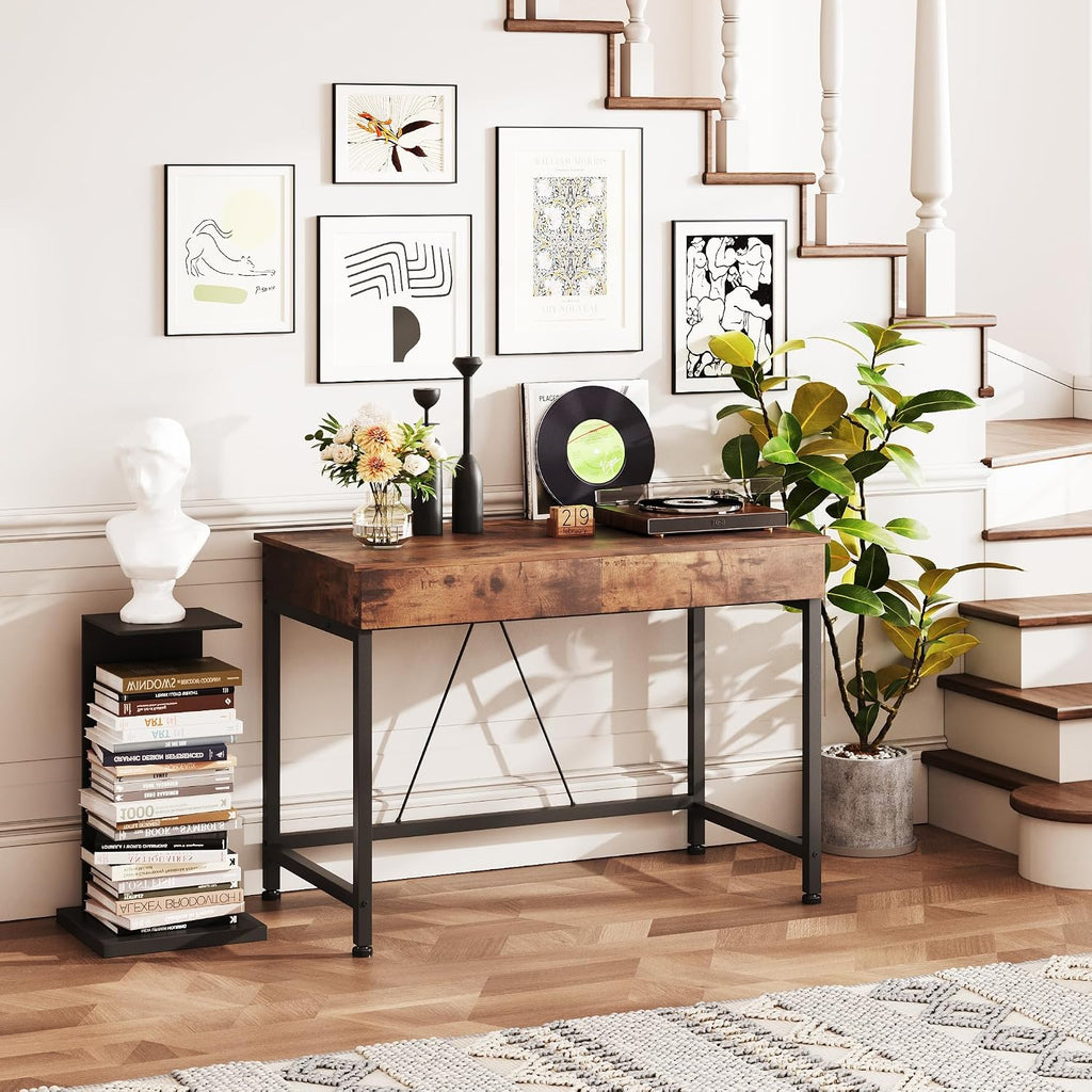 Mexin Small Desk with 2 Wooden Drawers, 40 Inch Home Office Writing Desk, Vanity Desk with Storage, Computer Desk for Bedroom Small Spaces, Table for Office, Kids Study, Makeup, Rustic Brown