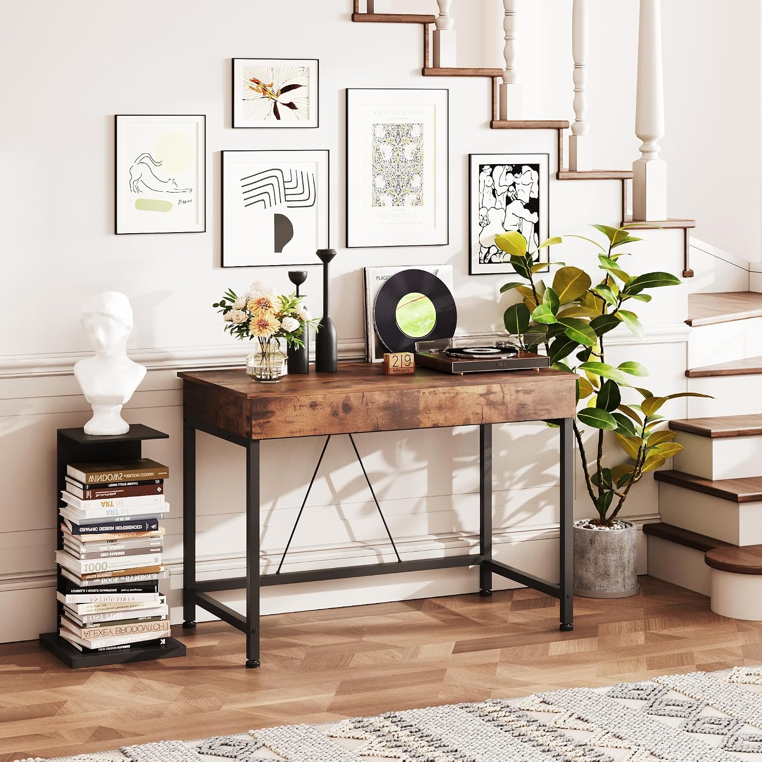 Mexin Small Desk with 2 Wooden Drawers, 40 Inch Home Office Writing Desk, Vanity Desk with Storage, Computer Desk for Bedroom Small Spaces, Table for Office, Kids Study, Makeup, Rustic Brown