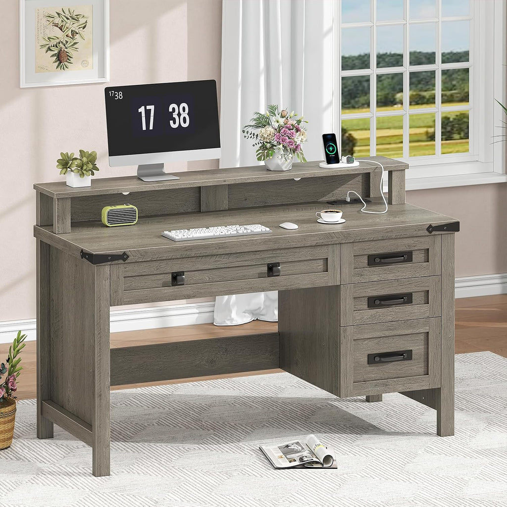YOMILUVE Farmhouse Computer Desk with Drawers, 47' Small Computer Desk with Power Outlets, Home Office Desk with Monitor Stand & 4 Drawers, Writing Study Table, Grey
